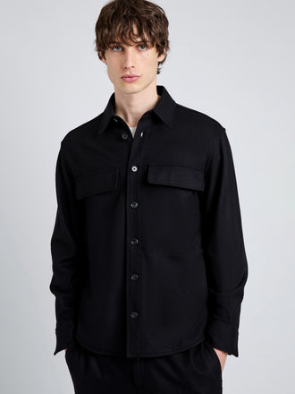 Proenza Schouler Detail image of model wearing Beni Shirt in Jersey Flannel in Black