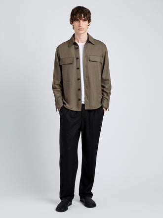 Proenza Schouler Front full length image of model wearing Beni Shirt in Jersey Flannel in Taupe