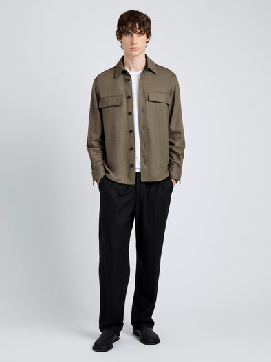 Proenza Schouler Front full length image of model wearing Beni Shirt in Jersey Flannel in Taupe
