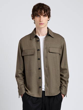 Proenza Schouler Front cropped image of model wearing Beni Shirt in Jersey Flannel in Taupe