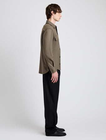Proenza Schouler Side full length image of model wearing Beni Shirt in Jersey Flannel in Taupe