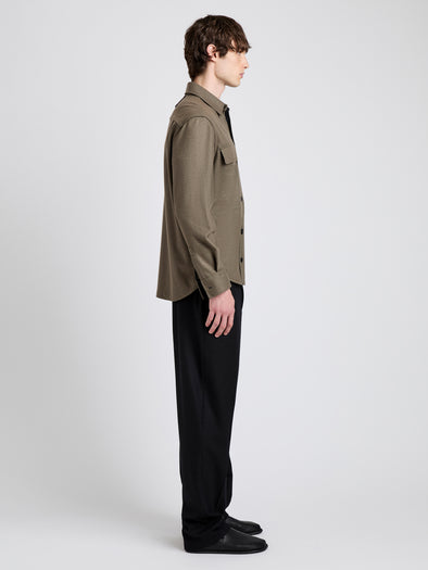 Proenza Schouler Side full length image of model wearing Beni Shirt in Jersey Flannel in Taupe