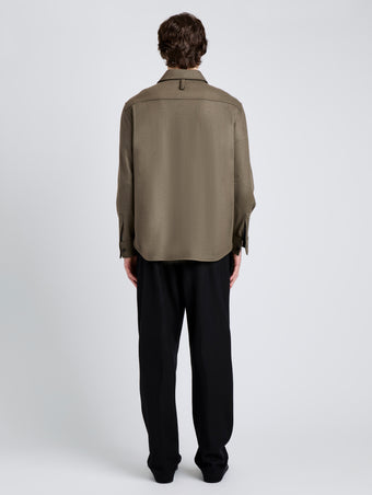 Proenza Schouler Back full length image of model wearing Beni Shirt in Jersey Flannel in Taupe