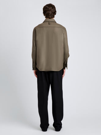 Proenza Schouler Back full length image of model wearing Beni Shirt in Jersey Flannel in Taupe