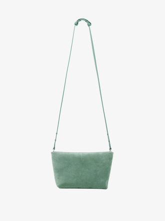 Proenza Schouler Front Still Life Image of Bond Bag in Suede in Patina with Strap Extended