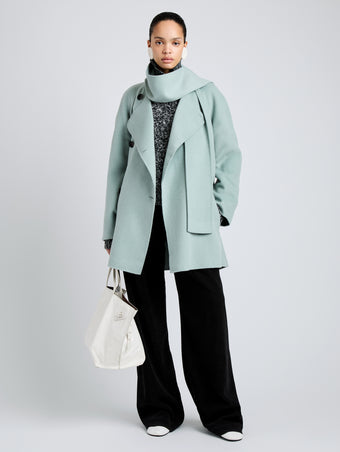 Proenza Schouler Front full length image of model wearing Brisa Coat in Lightweight Double Face Wool in Jade