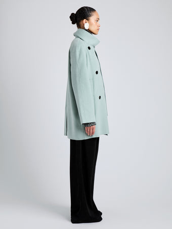 Proenza Schouler Side full length image of model wearing Brisa Coat in Lightweight Double Face Wool in Jade