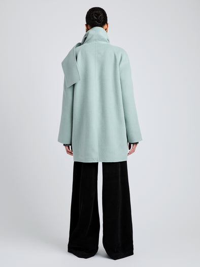 Proenza Schouler Back full length image of model wearing Brisa Coat in Lightweight Double Face Wool in Jade
