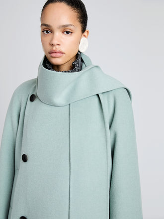 Proenza Schouler detail image of model wearing Brisa Coat in Lightweight Double Face Wool in Jade