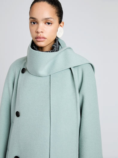 Proenza Schouler detail image of model wearing Brisa Coat in Lightweight Double Face Wool in Jade