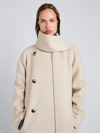 Proenza Schouler detail image of model wearing Brisa Coat in Lightweight Double Face Wool in Off White
