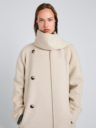 Proenza Schouler detail image of model wearing Brisa Coat in Lightweight Double Face Wool in Off White