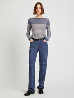 Proenza Schouler Front full length image of model wearing Britta Sweater in Breton Stripe in Slate Chalk
