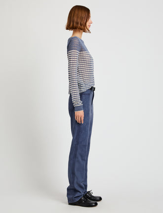 Proenza Schouler Front full length Side image of model wearing Britta Sweater in Breton Stripe in Slate Chalk