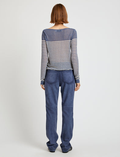 Proenza Schouler Front full length Back image of model wearing Britta Sweater in Breton Stripe in Slate Chalk