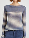 Proenza Schouler Front detail image of model wearing Britta Sweater in Breton Stripe in Slate Chalk