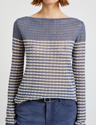 Proenza Schouler Front detail image of model wearing Britta Sweater in Breton Stripe in Slate Chalk