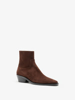 Proenza Schouler 3/4 side image of Bronco Ankle Boots in Suede in chocolate