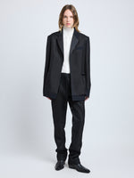 Proenza Schouler front image of model wearing Bronte Jacket in Wool Twill Suiting with Organza in black
