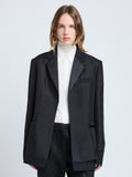 Proenza Schouler front cropped image of model wearing Bronte Jacket in Wool Twill Suiting with Organza in black