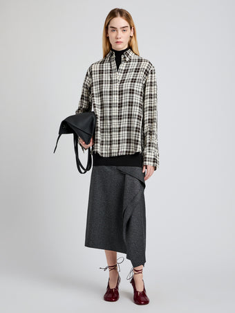 Proenza Schouler front image of model wearing Bronwen Top in Crinkled Plaid in garnet multi