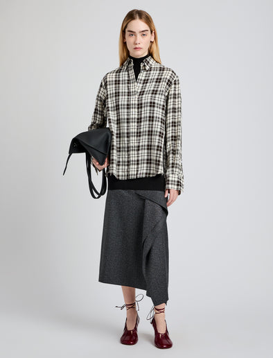 Proenza Schouler front image of model wearing Bronwen Top in Crinkled Plaid in garnet multi