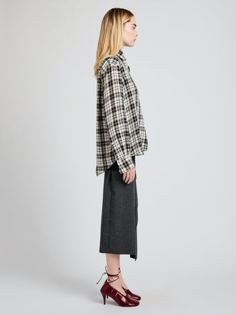 Proenza Schouler side image of model wearing Bronwen Top in Crinkled Plaid in garnet multi