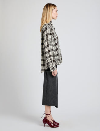 Proenza Schouler side image of model wearing Bronwen Top in Crinkled Plaid in garnet multi