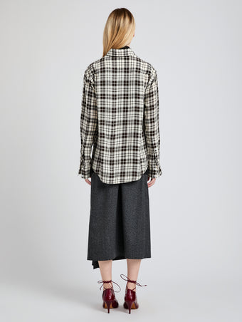 Proenza Schouler back image of model wearing Bronwen Top in Crinkled Plaid in garnet multi