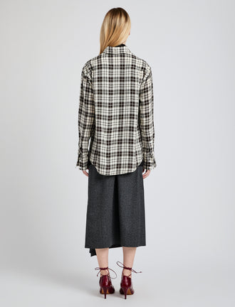 Proenza Schouler back image of model wearing Bronwen Top in Crinkled Plaid in garnet multi