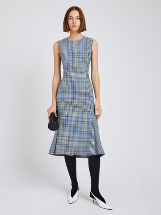 Proenza Schouler Front full length image of model wearing Bruna Dress in Plaid Wool Nylon in Blue Multi
