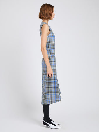 Proenza Schouler Side full length image of model wearing Bruna Dress in Plaid Wool Nylon in Blue Multi