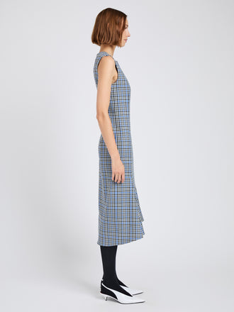 Proenza Schouler Side full length image of model wearing Bruna Dress in Plaid Wool Nylon in Blue Multi