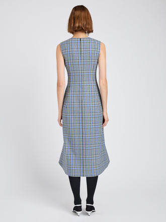 Proenza Schouler Back full length image of model wearing Bruna Dress in Plaid Wool Nylon in Blue Multi