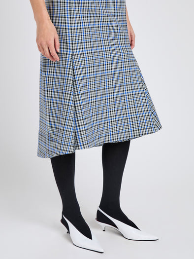 Proenza Schouler detail image of model wearing Bruna Dress in Plaid Wool Nylon in Blue Multi