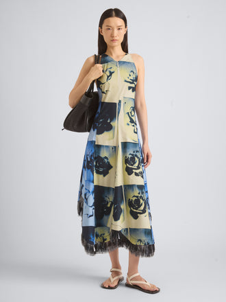 Proenza Schouler Front On Model Image of CONSTANZA DRESS IN PRINTED CLASSIC COTTON SHIRTING in Haze Multi