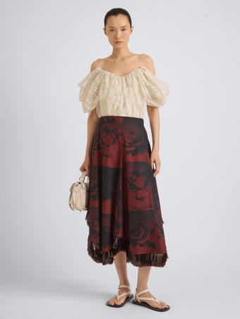 Proenza Schouler Front on Model Image of CONSTANZA SKIRT IN PRINTED CLASSIC COTTON SHIRTING in Sienna Multi