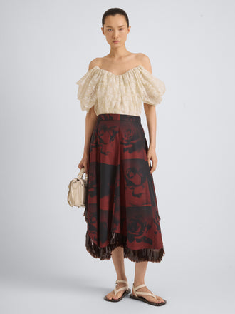 Proenza Schouler Front on Model Image of CONSTANZA SKIRT IN PRINTED CLASSIC COTTON SHIRTING in Sienna Multi
