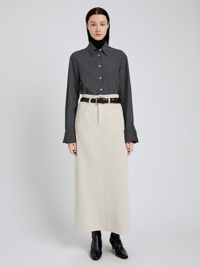 Proenza Schouler Front full length image of model wearing Calder Skirt in Corduroy in Ecru