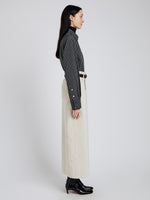 Proenza Schouler Side full length image of model wearing Calder Skirt in Corduroy in Ecru