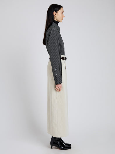 Proenza Schouler Side full length image of model wearing Calder Skirt in Corduroy in Ecru