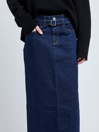 Proenza Schouler detail image of model wearing Calder Skirt in INDIGO