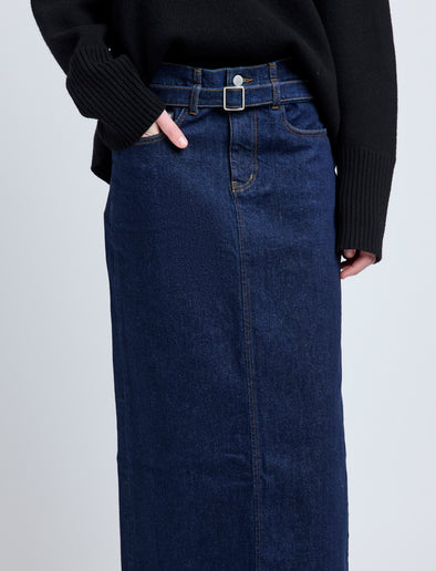 Proenza Schouler detail image of model wearing Calder Skirt in INDIGO