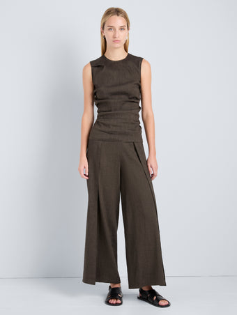 Proenza Schouler Front full length image of model wearing Calla Pant in Linen Slub in Coffee