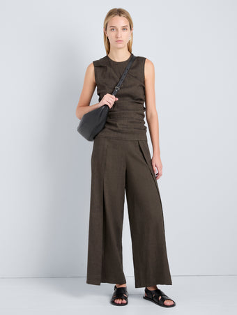 Proenza Schouler Front full length image of model wearing Calla Pant in Linen Slub in Coffee
