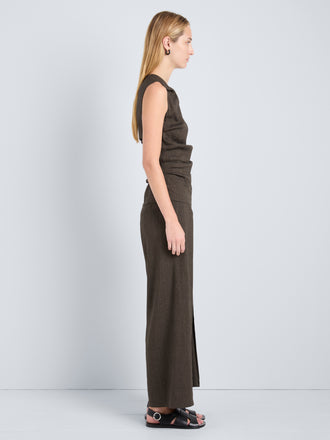 Proenza Schouler Side full length image of model wearing Calla Pant in Linen Slub in Coffee