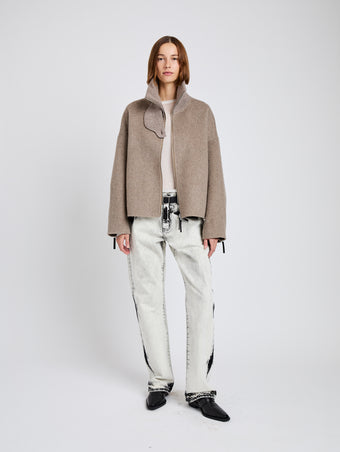 Proenza Schouler full length front image of Carina Jacket in Splittable Wool in walnut melange with collar standing