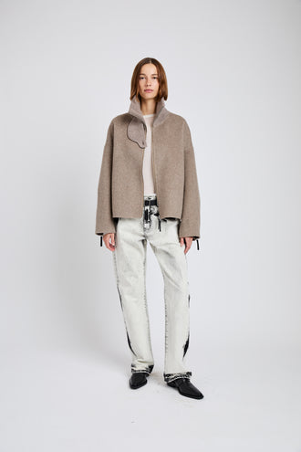 Proenza Schouler full length front image of Carina Jacket in Splittable Wool in walnut melange with collar standing