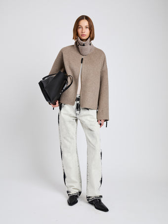 Proenza Schouler full length front image of Carina Jacket in Splittable Wool in walnut melange with collar fastened