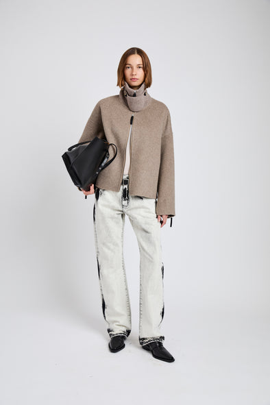 Proenza Schouler full length front image of Carina Jacket in Splittable Wool in walnut melange with collar fastened